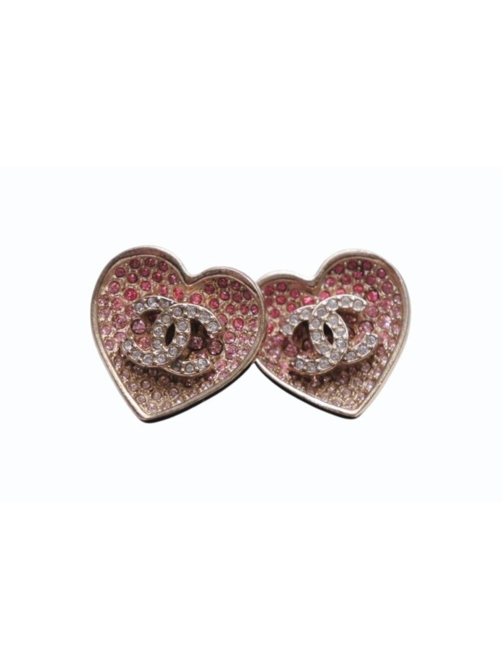 Chanel Heart CC Logo Earrings Metal Rhinestone Gold Pink Clear